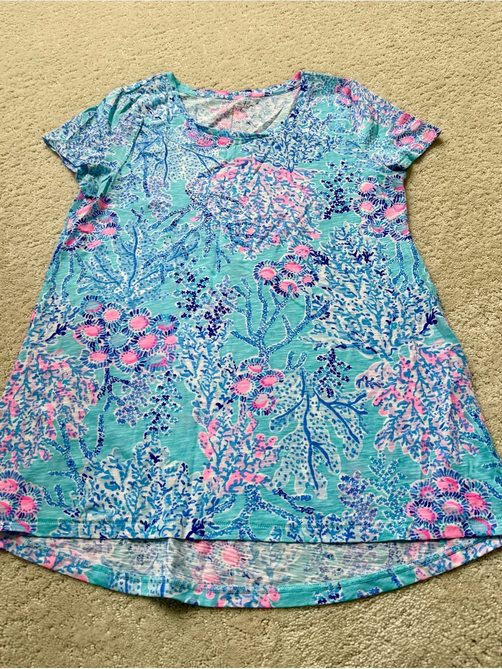 Lilly Pulitzer Aqua Floral Scoop Neck Short Sleeve Top